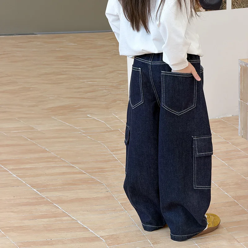 Children's Japanese Loose Casual Pants Korean Contrasting Color Bright Line Three-dimensional Pocket Workwear Jeans 4
