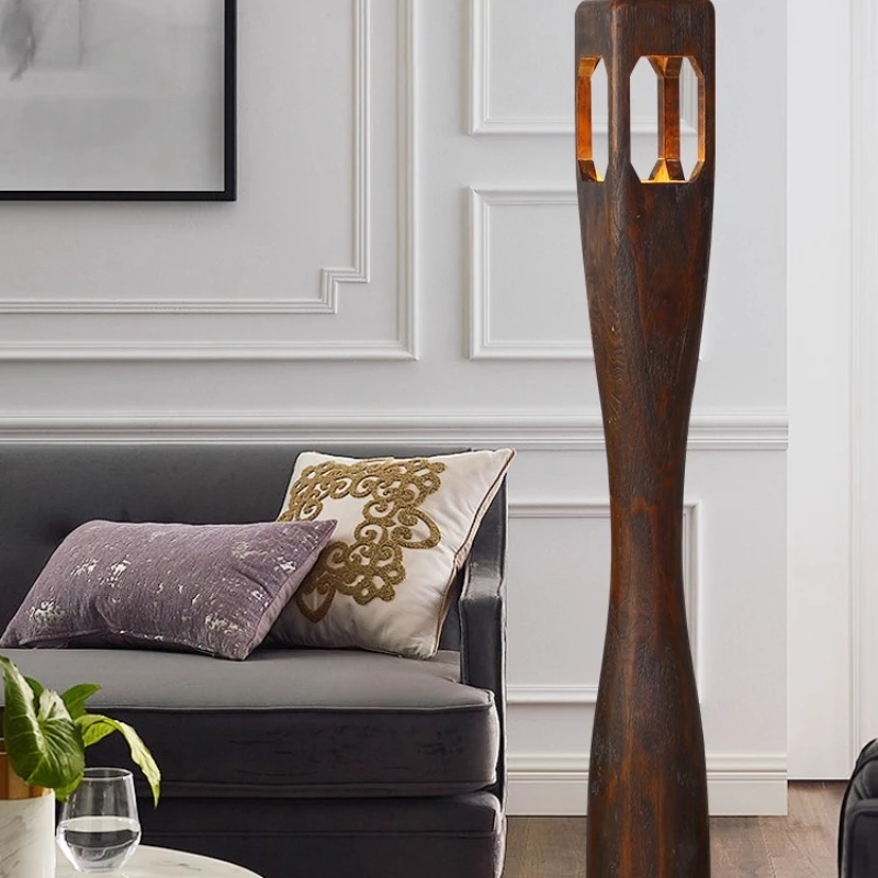 

American retro hollow solid wood wabi-**** wind tea room living room bedroom bedside lamp log wind study creative floor lamp