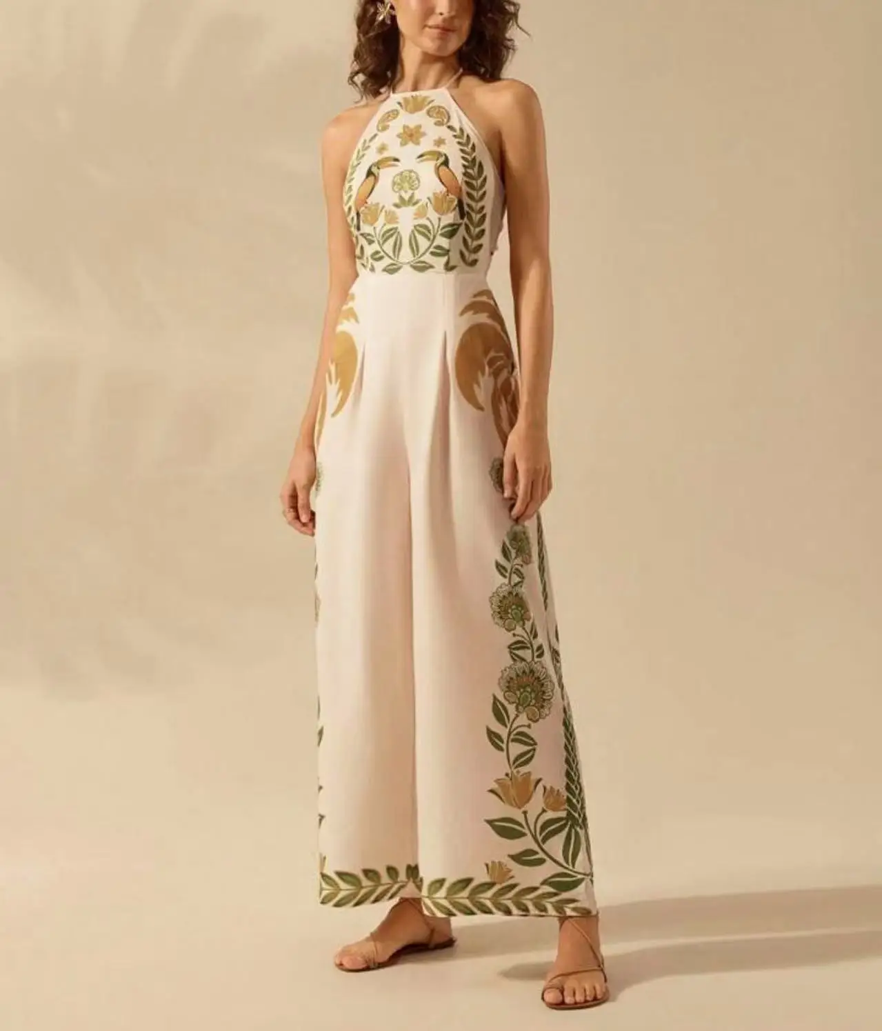 Moda impressa halter sem mangas sem costas macacão para mulheres verão calças de perna larga macacões feminino férias streetwear