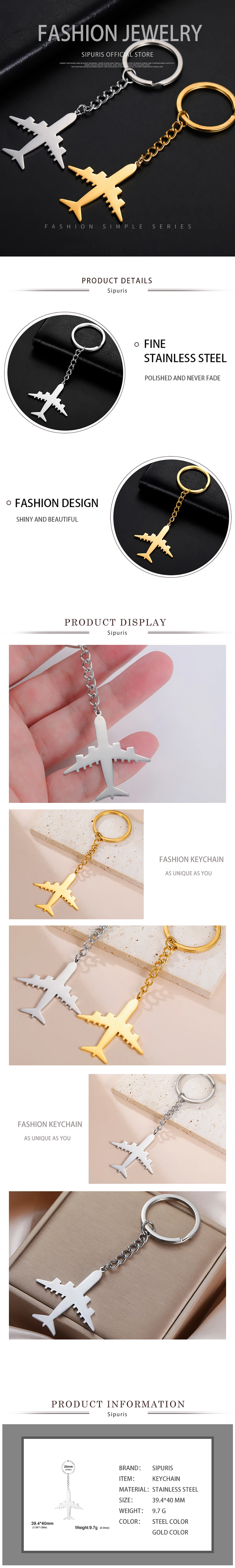 Sipuris Kreativer Flugzeug-Schlüsselanhänger mit Kette für Damen und Herren, Edelstahl-Anhänger, Luftfahrt-Unternehmen, kreatives Geschenk, Schlüsselring – Detail 5