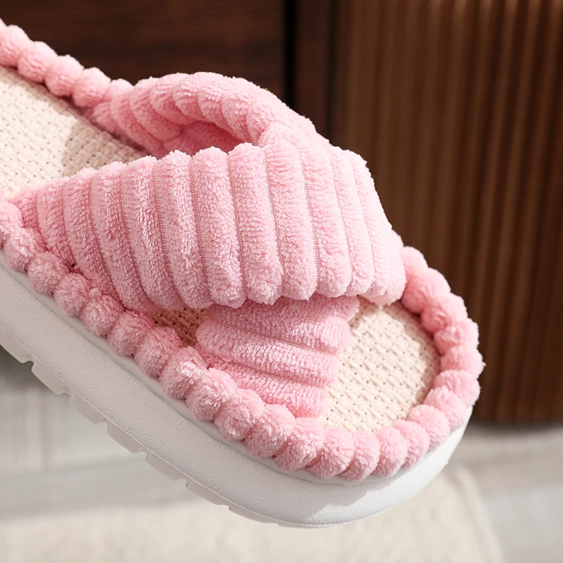 2023 Autumn Winter New Women Home Slippers Open-Toe Cross Band Linen Soled Indoor Slides Linen Soled Non-Slip Bathroom Slippers