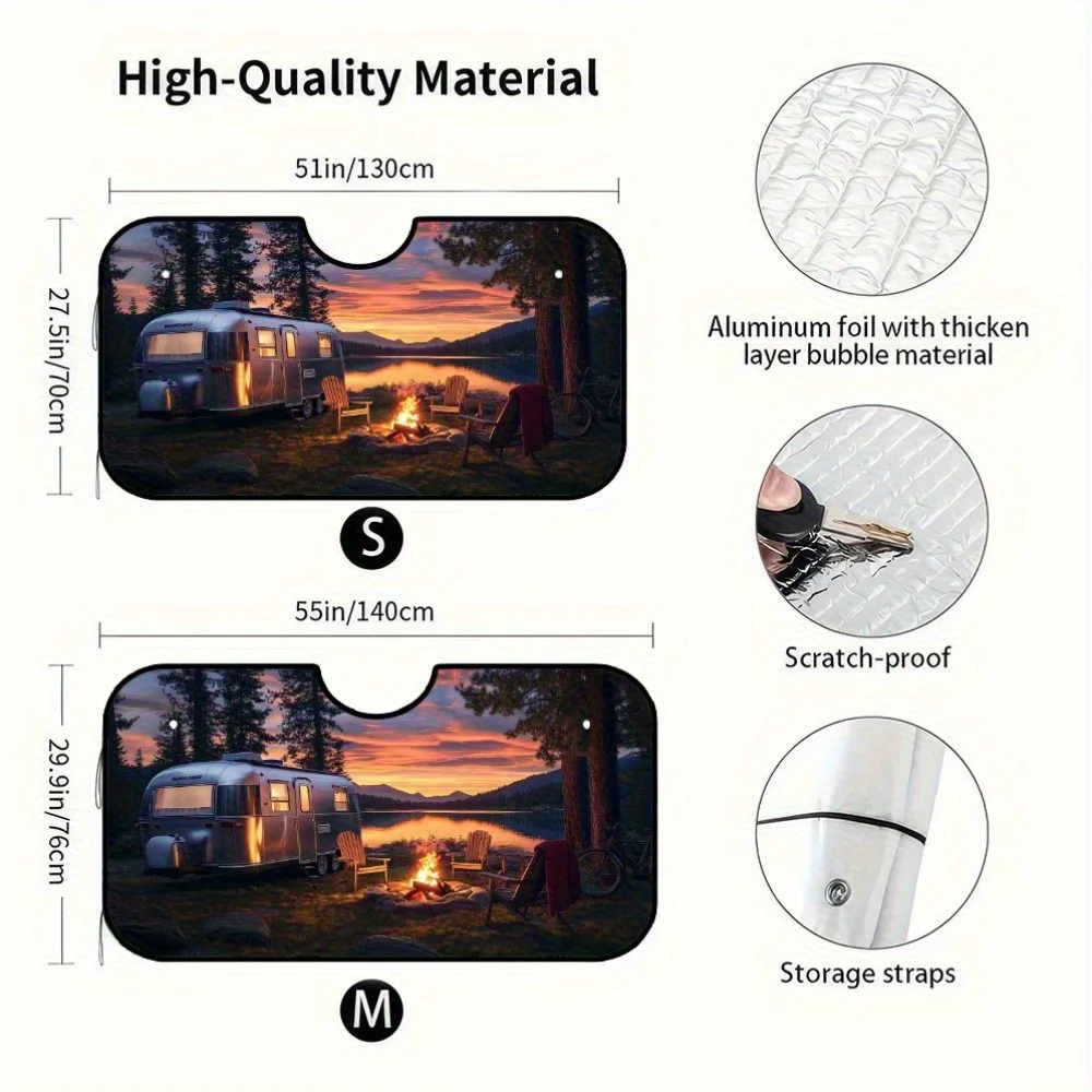 1pc Foldable Sunset Lake Camper Van Print Car Sunshade - Vibrant Outdoor Scene With Campfire & Mountain View, Durable Polyester,