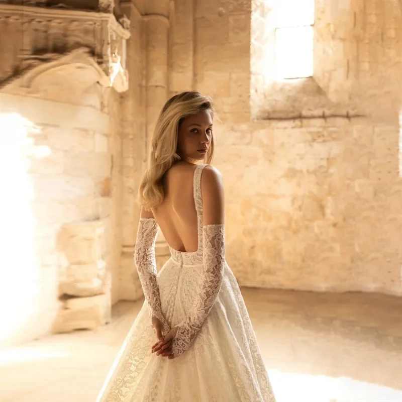 Elegant Square Collar Straples Lace Pleated Wedding Dress Customized A-line Backless Court Bridal Party Gowns vestidos de novia