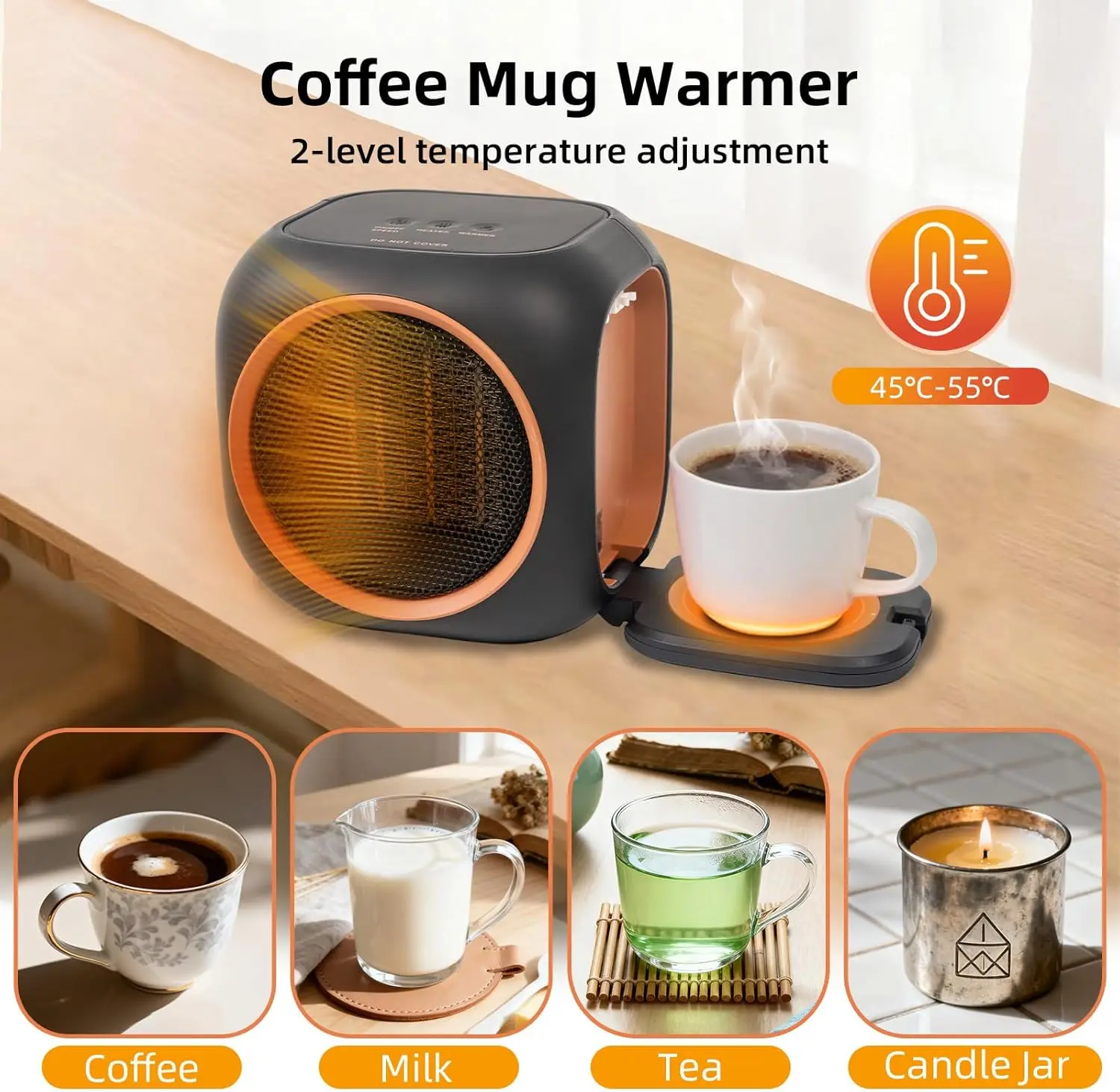 Riscaldatore con scaldatazze, riscaldatore elettrico termostatico per camera da letto, ufficio, stanze grandi