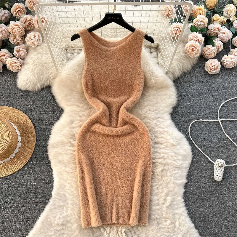 Knitted Dresses Women Sleeveless Skinny Sexy Party Dresses Solid Autumn Winter Women's Clothing Pink White Design Chic Dress