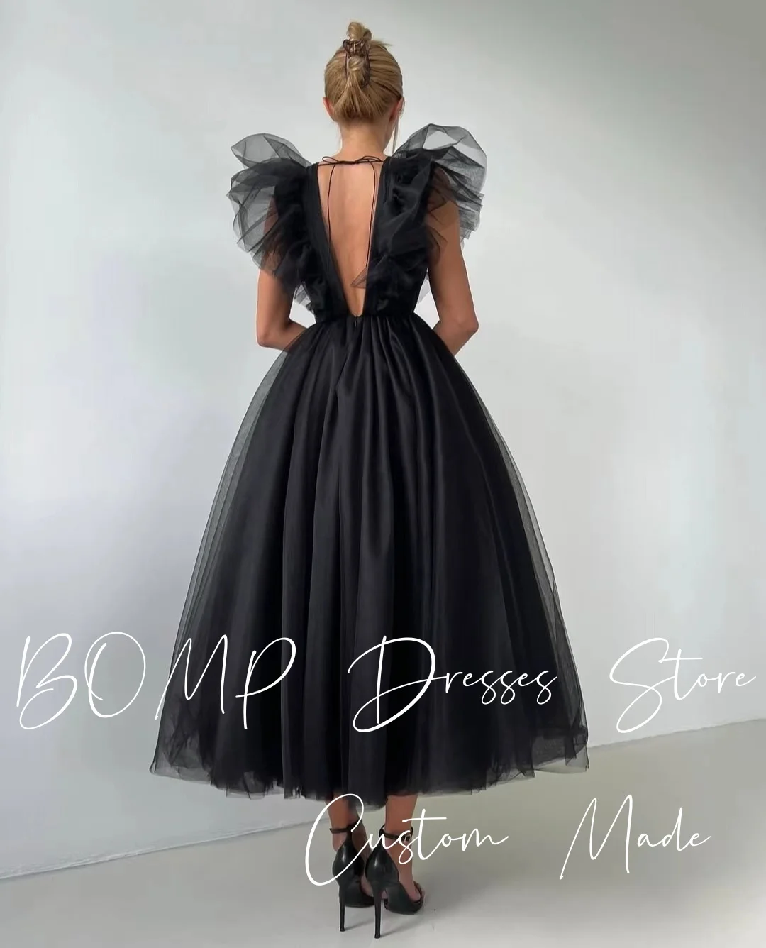 BOMP Abito da sera moderno nero con scollo a V senza schienale Piega alla caviglia Organza Occasioni speciali Abito da ballo di fine anno Personalizzato Elegante