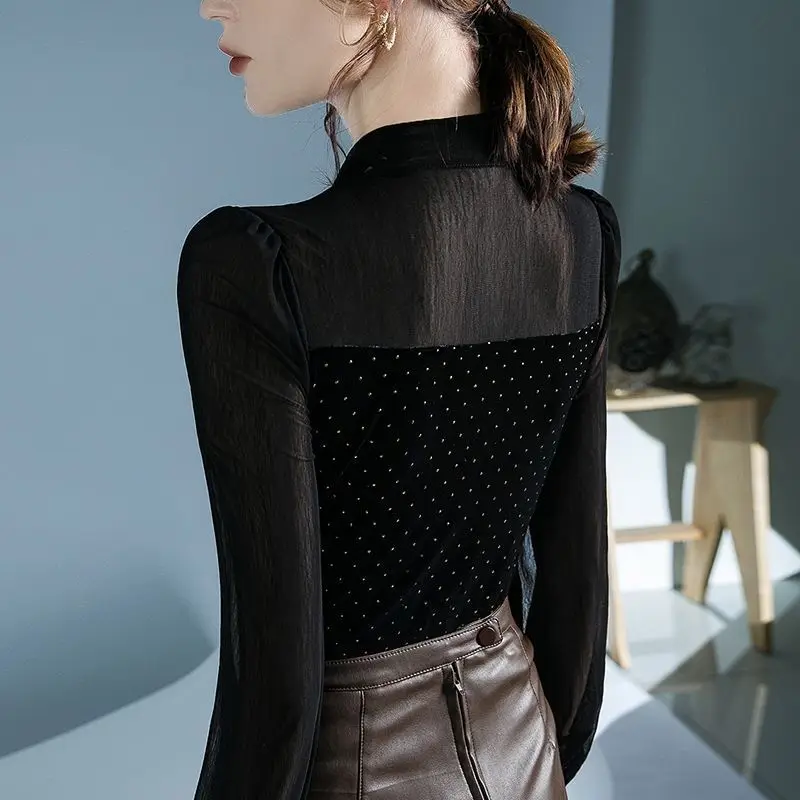 Autumn New Fashion Sexy Patchwork Black V-neck Long Sleeve T-Shirt Ladies Fashionable Polka Dot Perspective Slim Undercoat Tops