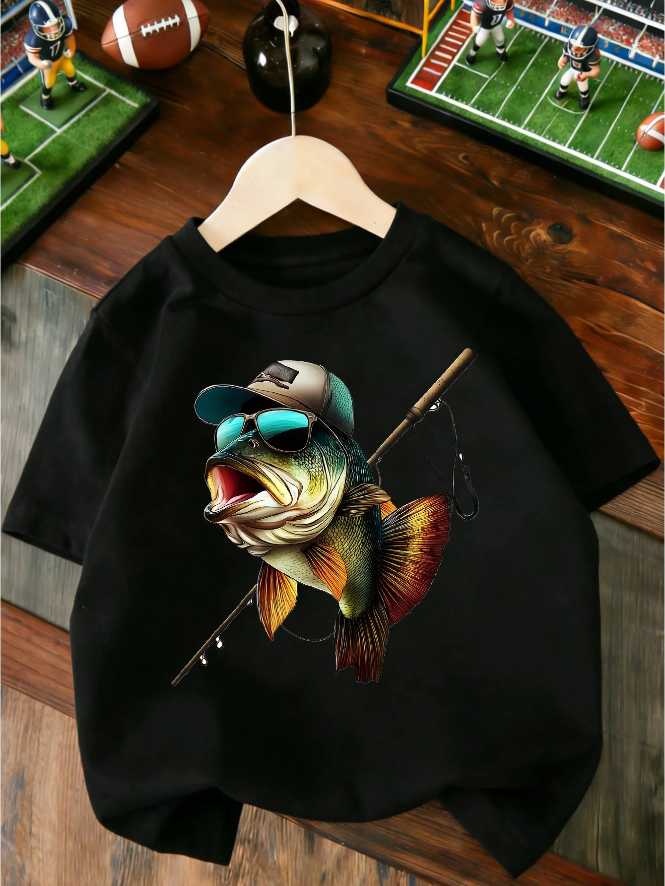 Cool Bass Fish Cap Sunglasses Fishing Rod Print T Shirt Boys Girls Lovely Short Sleeve Tee Family Matching Soft Cotton Kids Tops
