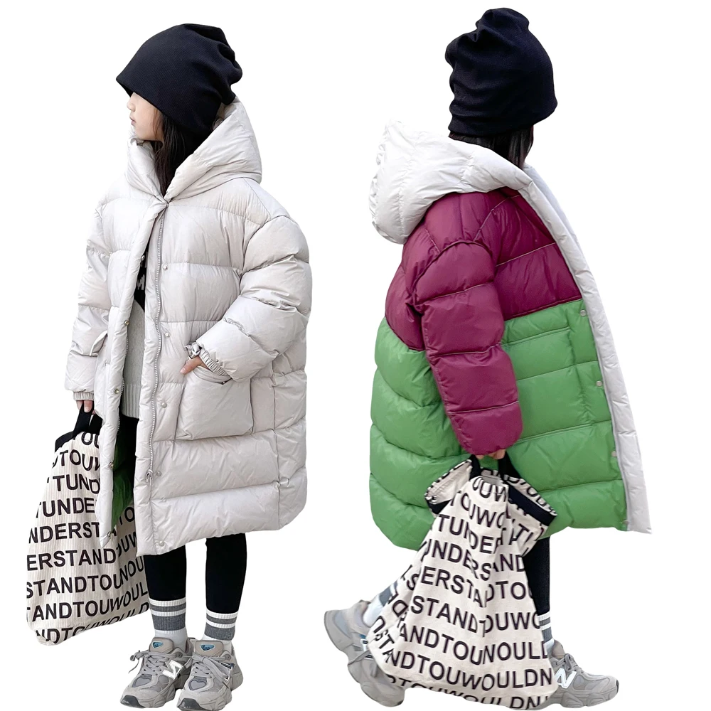 Winter Children's Down Hooded Long Jacket Kids Mid-length Hooded Thickened Warm Coat Girls Double-sided White Duck Down outwear