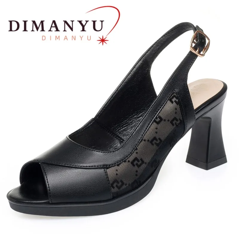 

DIMANYU Female Sandals Genuine Leather 2024 New Summer High Heels Women's Shoes Fishmouth Mesh Fashion Ladies Sandals