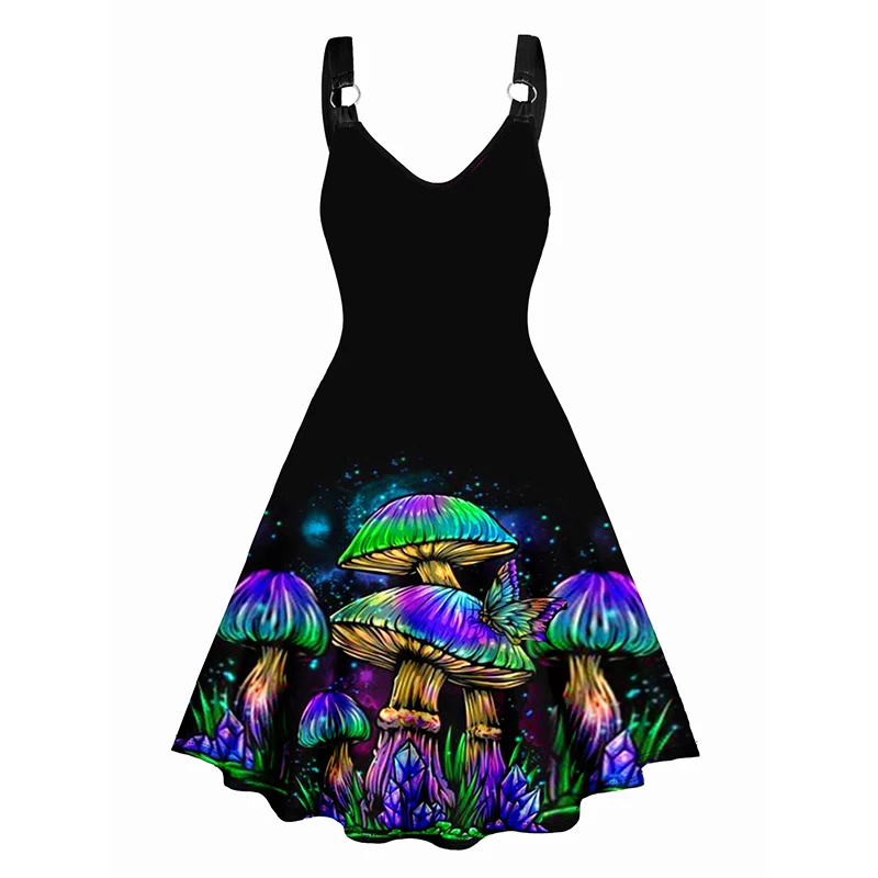 

2024 New Women Summer Dresses Galaxy Colorful Mushroom Print V Neck Dress O Ring Straps Sleeveless A Line Tank Dress Black Dress