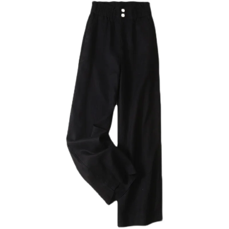 면 린넨 컬러 캐주얼 팬츠 엘라스틱 웨이스트 투 버튼 와이드 레그 하이 웨이스트 여성 루즈핏 아젤 린넨 롱 썸머