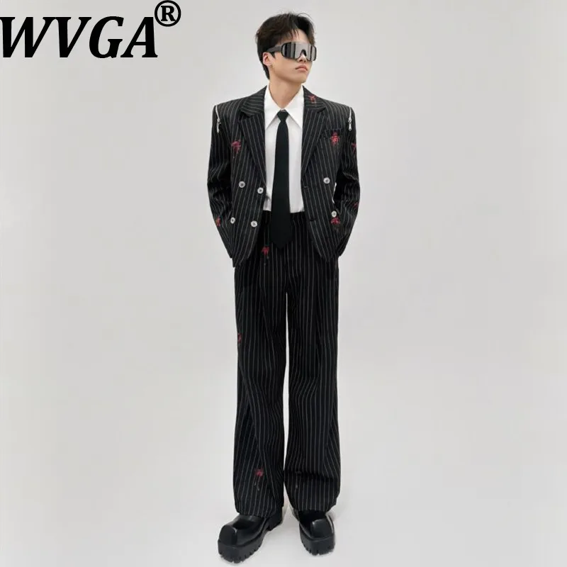 

WVGA Spring Autumn New Man Tide Striped Double-breasted Blazer Niche Chic Casual High-end Graffiti Fashion Suit Pants Set W21432