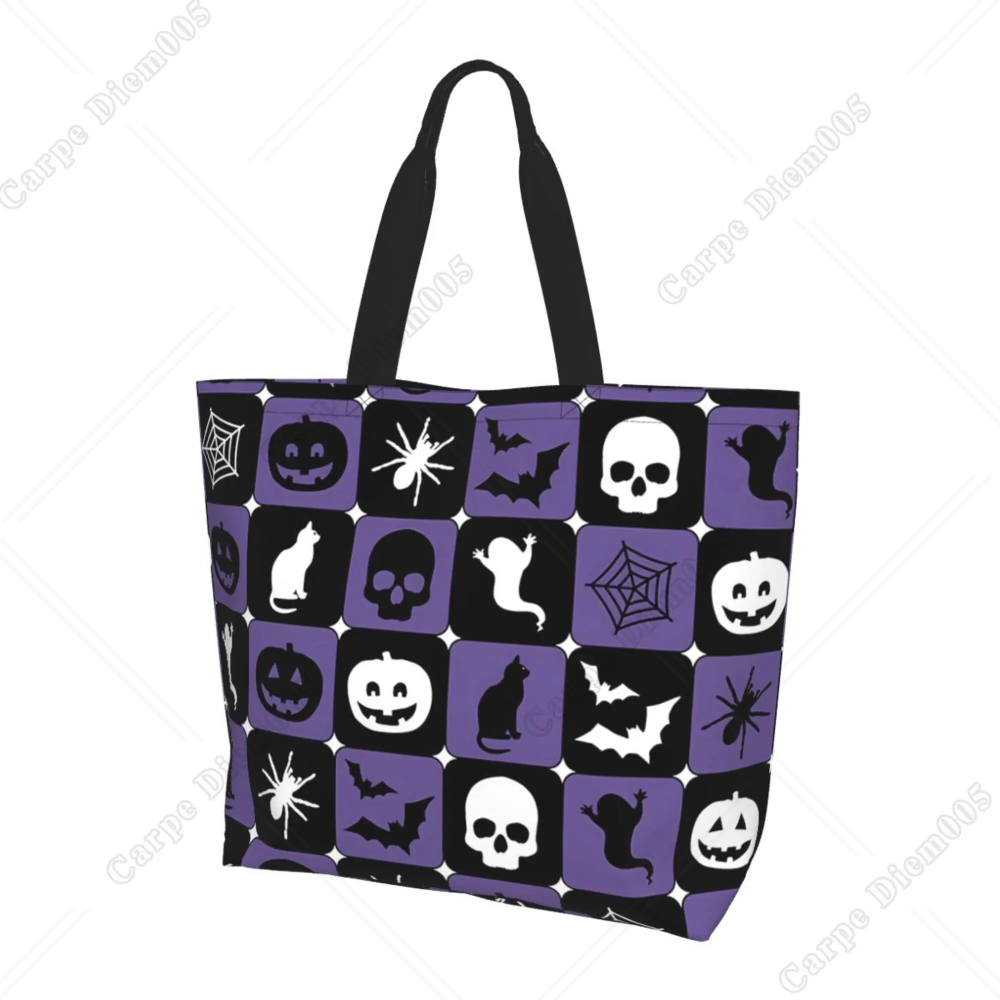 

Halloween Pumpkin Bats Purple Women Shopping Bag Shoulder Large Capacity Grocery Tote Bag One Size Supermarket Bag Print