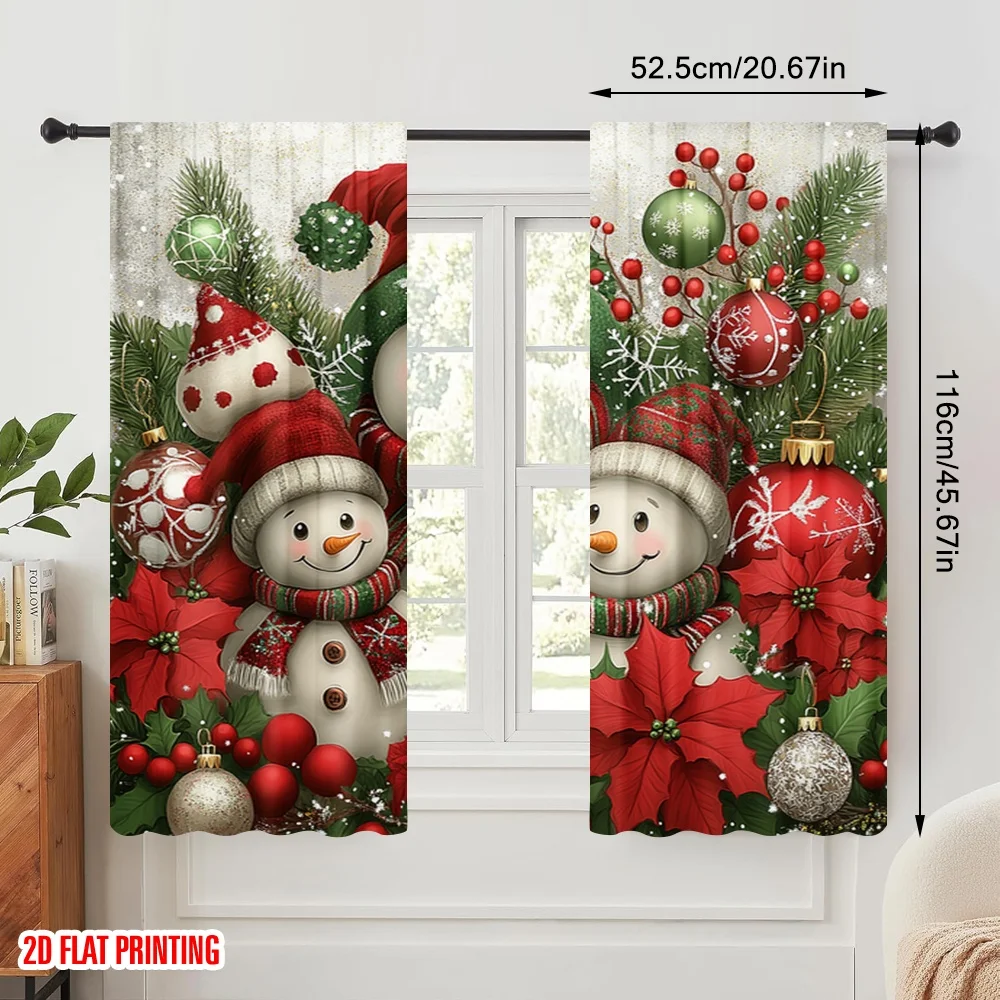 2pcs,2D plane printing Creative Curtains Cute Snowman Christmas Family (3) Durable Polyester (without rod) Holiday for Bedroom,