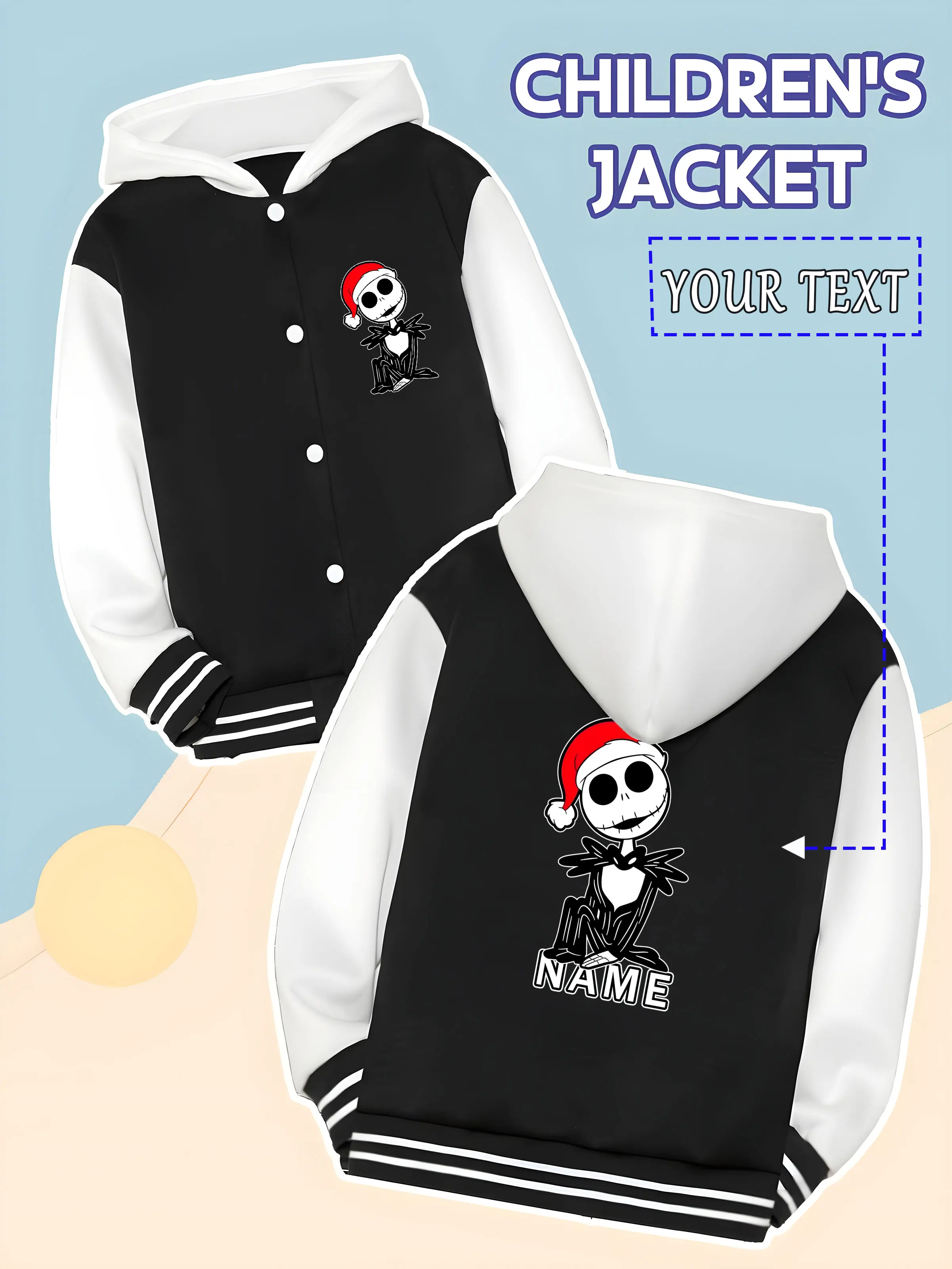 

MINISO Disney Nightmare Before Christmas themed children's baseball jacket - Christmas Jack Skeleton design, unique and suitable