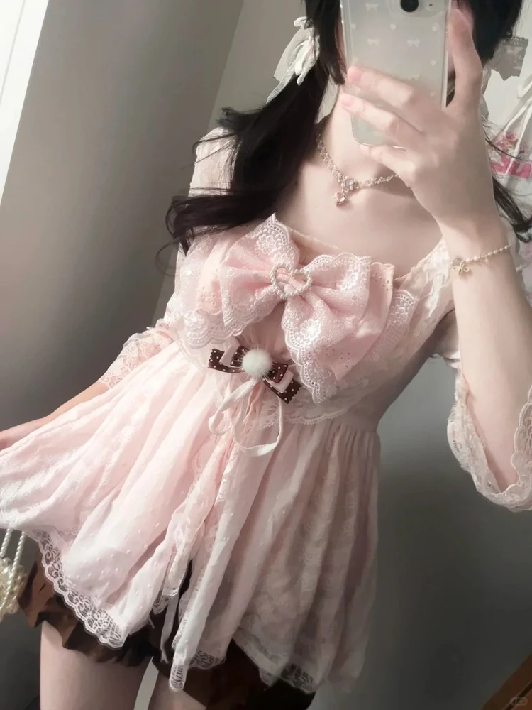 

Vintage Retro Style Bow Top Short Skirt Kawaii Patchwork Design 3-piece Set Summer Japanese Style Lolita Women's Matching Sets