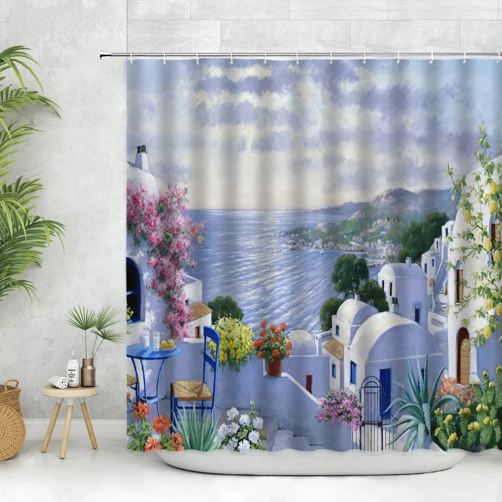 Seaside City Shower Curtain Greece Ocean Scenic  Curtain Natural Beautiful Scenery Sea Architecture Landscape Bathroom Curtain