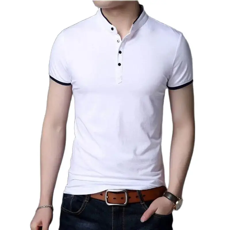 Men\'s Casual Short Sleeve T Shirts Half Buttons Stand Collar Comfy Pullovers Solid Soft Tops Summer Korea Tide Slim Thin Tees