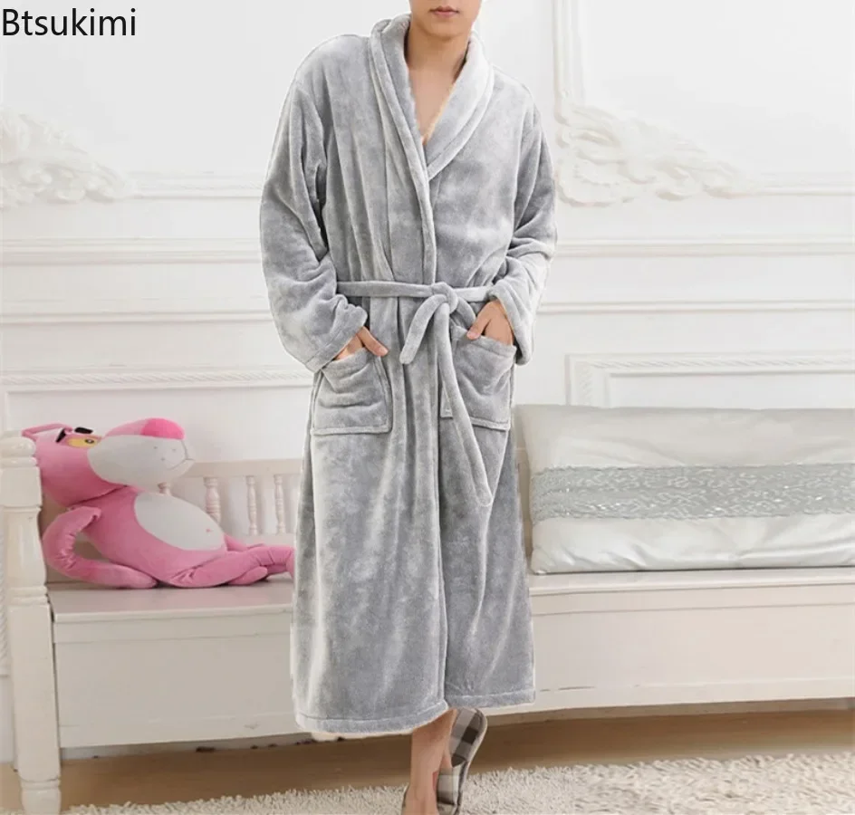 2025 Autumn Winter Couple Flannel Robes Sleepwear Thickened Coral Fleece Warm Nightdress Nightwear Loose Home Dress Lounge Wear