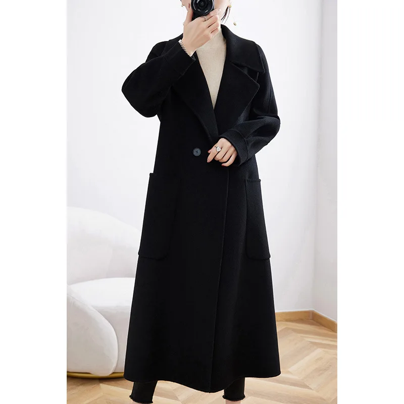 

Black double-sided cashmere coat women's midi over-the-knee 2023 new temperament slim high-end tweed jacket autumn and winter