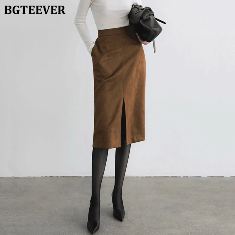 

BGTEEVER Elegant High Waist Ladies Split Package Hip Midi Skirts Autumn Winter Fashion Warm Slim Pockets Ladies Skinny Skirts
