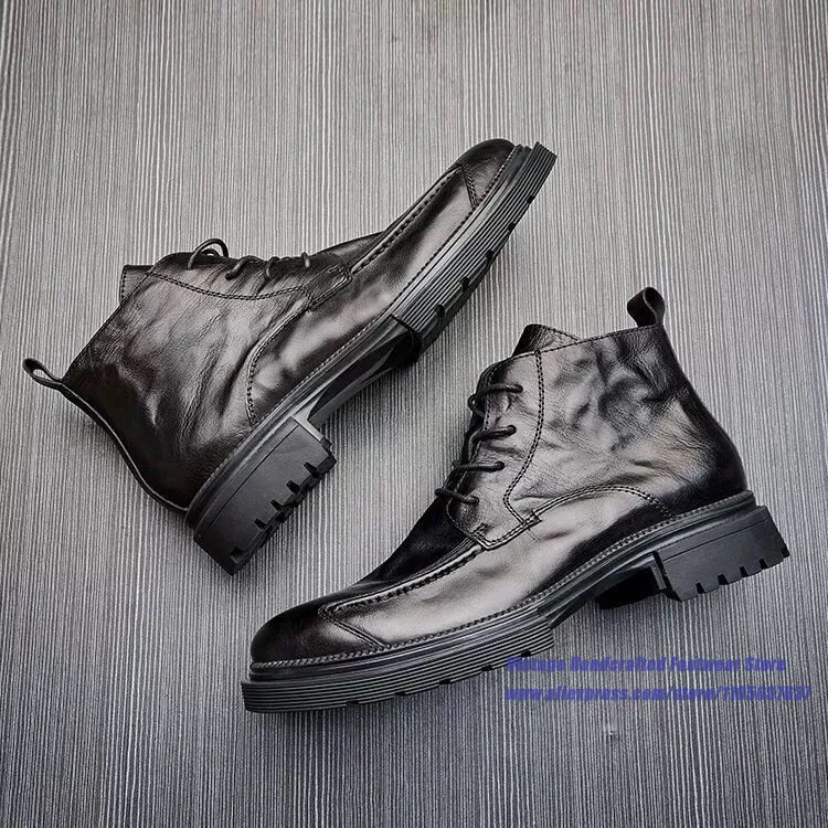 Black Leather Side Zipper Men's Boots British Style Thick-Soled Soft Leather Lace-Up Booties Vintage Handcrafted Men's Shoes