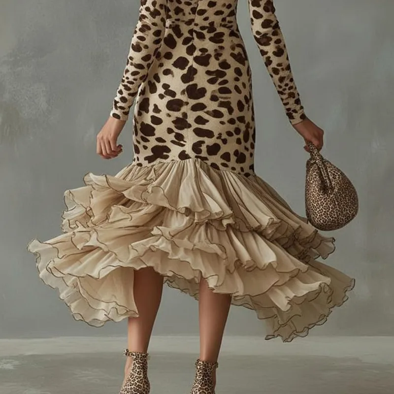 Vestido feminino de malha com estampa de pedra, decote em v, outono, manga comprida, saia irregular em camadas, banquete, vestido longo para namoro