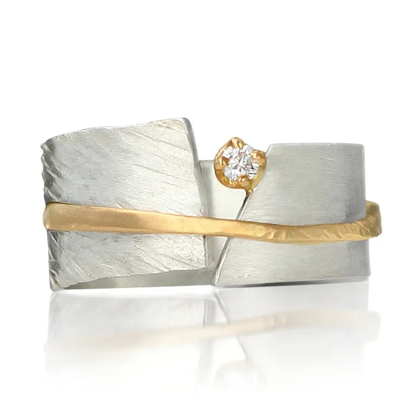 Vintage-Ring für Damen mit eingelegten weißen CZ-Steinen, ethnisch, zweifarbig, handgeschnitzt, für den täglichen Gebrauch, Partyschmuck, Jubiläumsgeschenk