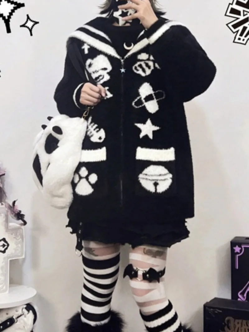 Japanese Cute Furry Sailor Collar Knitted Cardigan Harajuku Street Punk Cartoon Print Oversized Cardigans Y2K Midi Sweater 2024