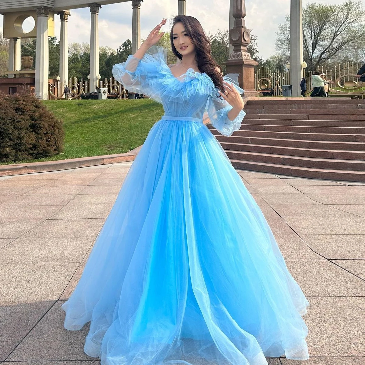 

Bafftafe Sky Blue A Line Prom Dresses Ruffles Spaghetti Strap Women Evening Gowns Long Sleeves Formal Special Party Dress 2023