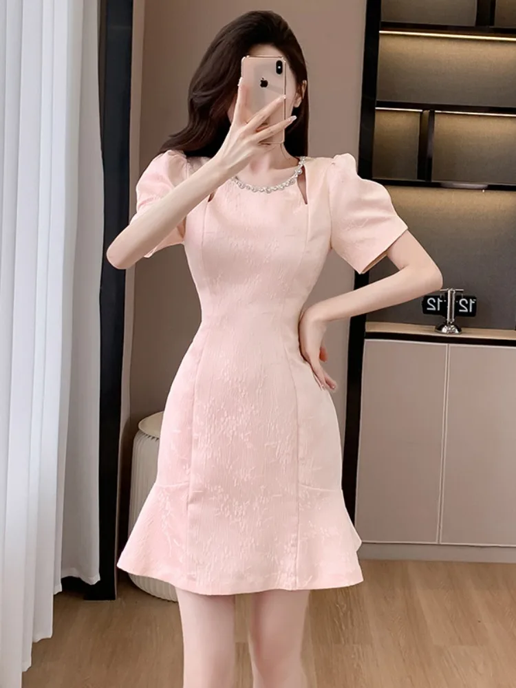 Summer Fashion Runway New Designer O-Neck Collar Solid Pink Printing Floral Office Lady Style A-LINE Dress