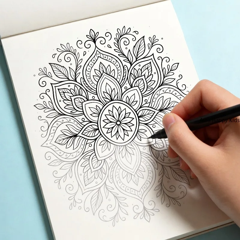 24 Page Adult Themed Coloring and Tracing Book, Featuring Symmetrical Flower Leaves, Mandalas, Space, Flowers, and Other Themes