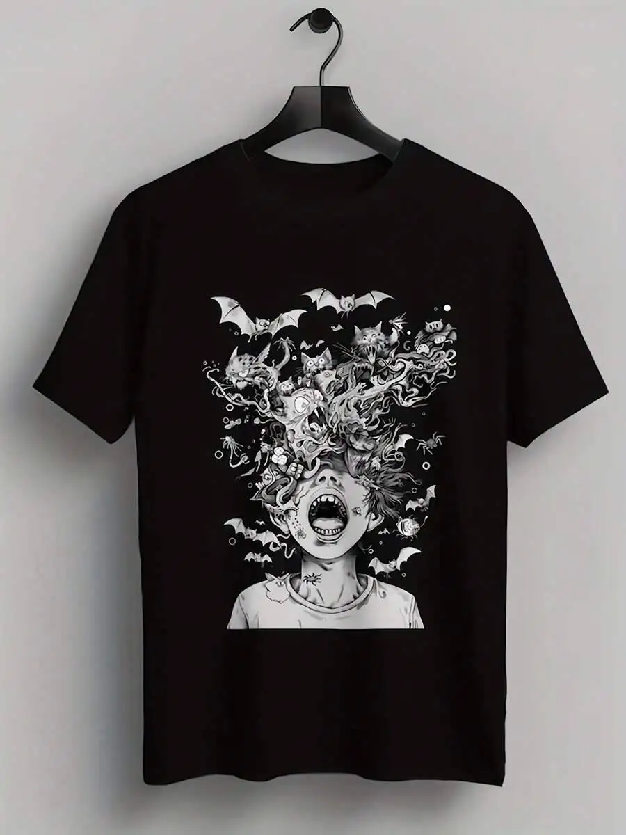 Unusual Horror-Themed T-Shirt Featuring Aesthetic Goth Designs With Geometric Shapes. It Has Spooky Vibe, Is Comfortable, And