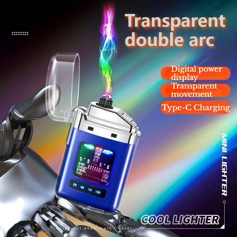 

Newest Alloy Lighter Cool Transparent Shell Double Arc Charge Cigarette Lighter Transparent Portable Windproof Cigarette Lighter