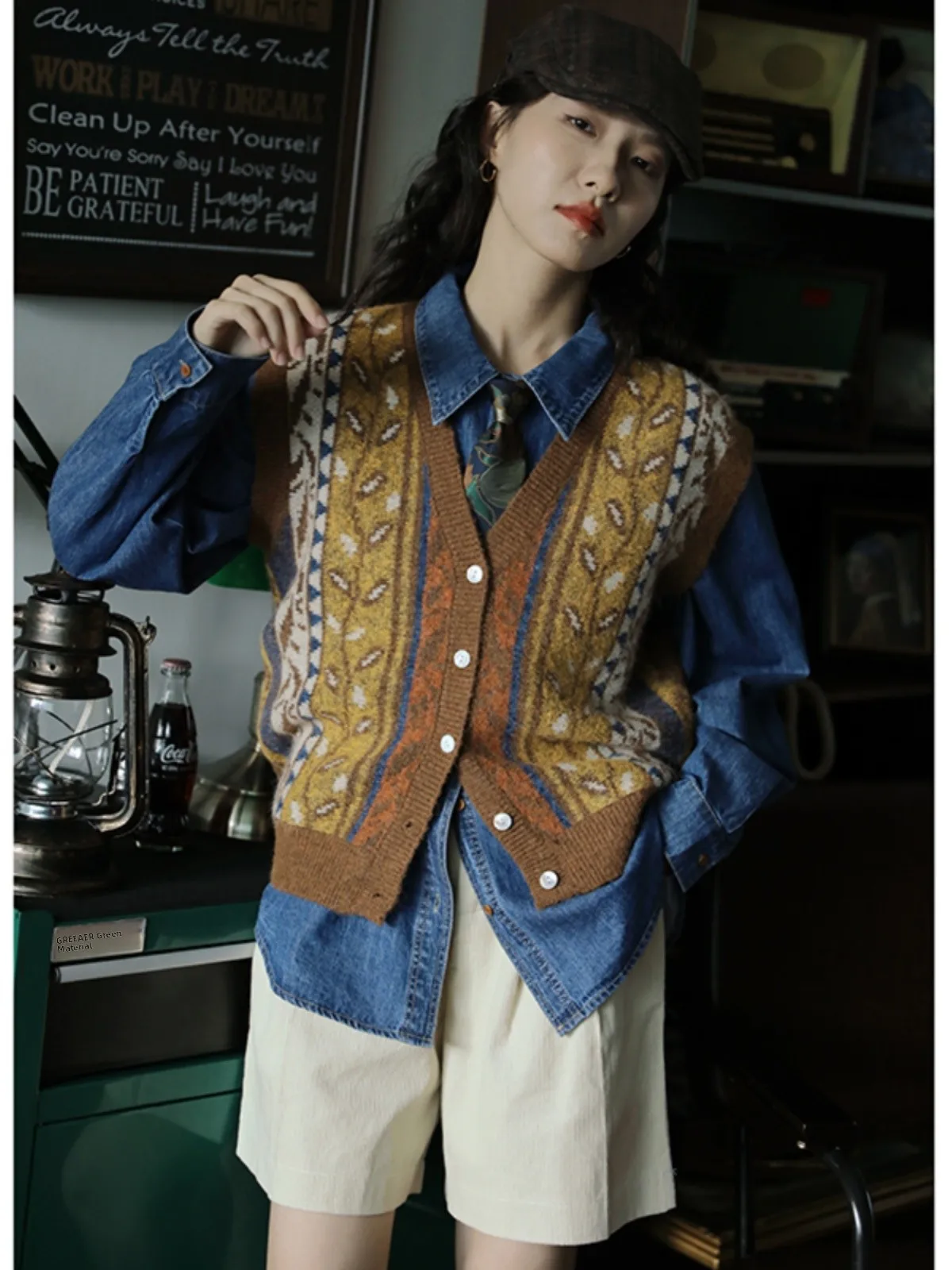 

Женский вязаный кардиган-жилет Design Sensation, новинка осени 2023, универсальный топ в стиле ретро, модный v-образный вырез с одной пуговицей