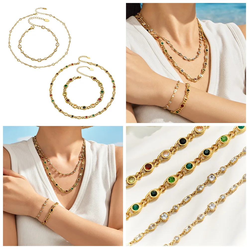 Boho Bunte Zirkon Halskette Armband 18k Vergoldetes Edelstahl Schmuckset für Damen Zierliches Party-Schmuckset – Detail 1