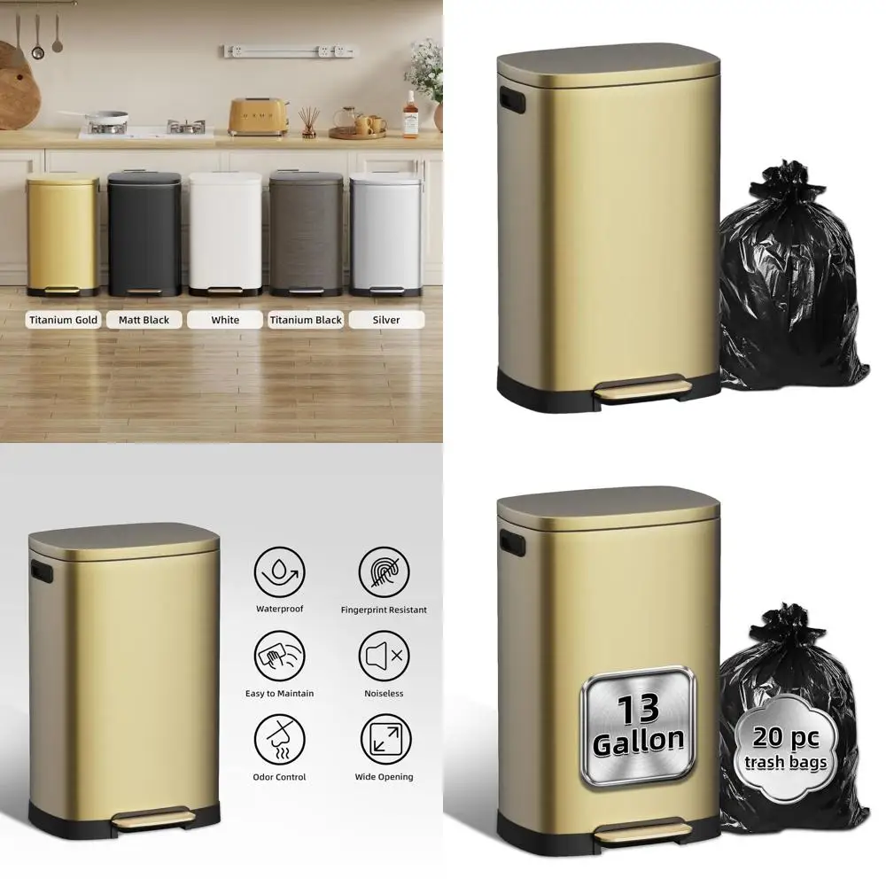

50L Stainless Steel Trash Can with Soft-Close Lid, Fingerproof Finish, Hands-Free Operation, Odor Control, Titanium Gold