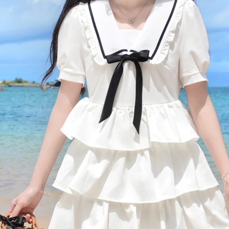 2024 neue japanische original jk Marine Kragen Bogen College-Stil lange weiße Taille dünne Kuchen modische und bequeme Kleid Mädchen