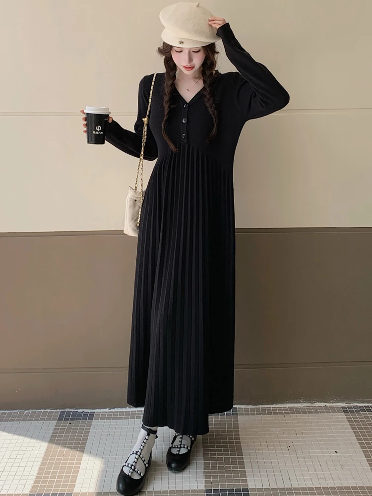 NYFS 2024 Autumn Winter New Korea Women Dress Vestidos Robe Elbise Loose Plus Size Knitted V-neck Sweater Dresses