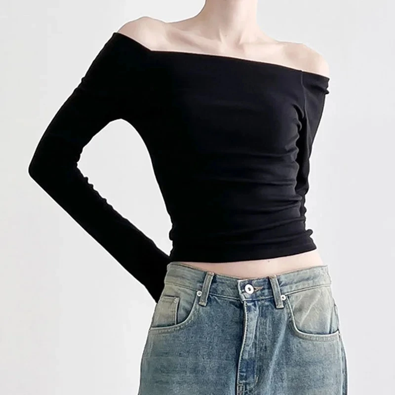 Fashion Slim Sexy Cropped T Shirt Women Fall Black Solid Slash Neck Elegant Long Sleeve Tops Korean  Clothing