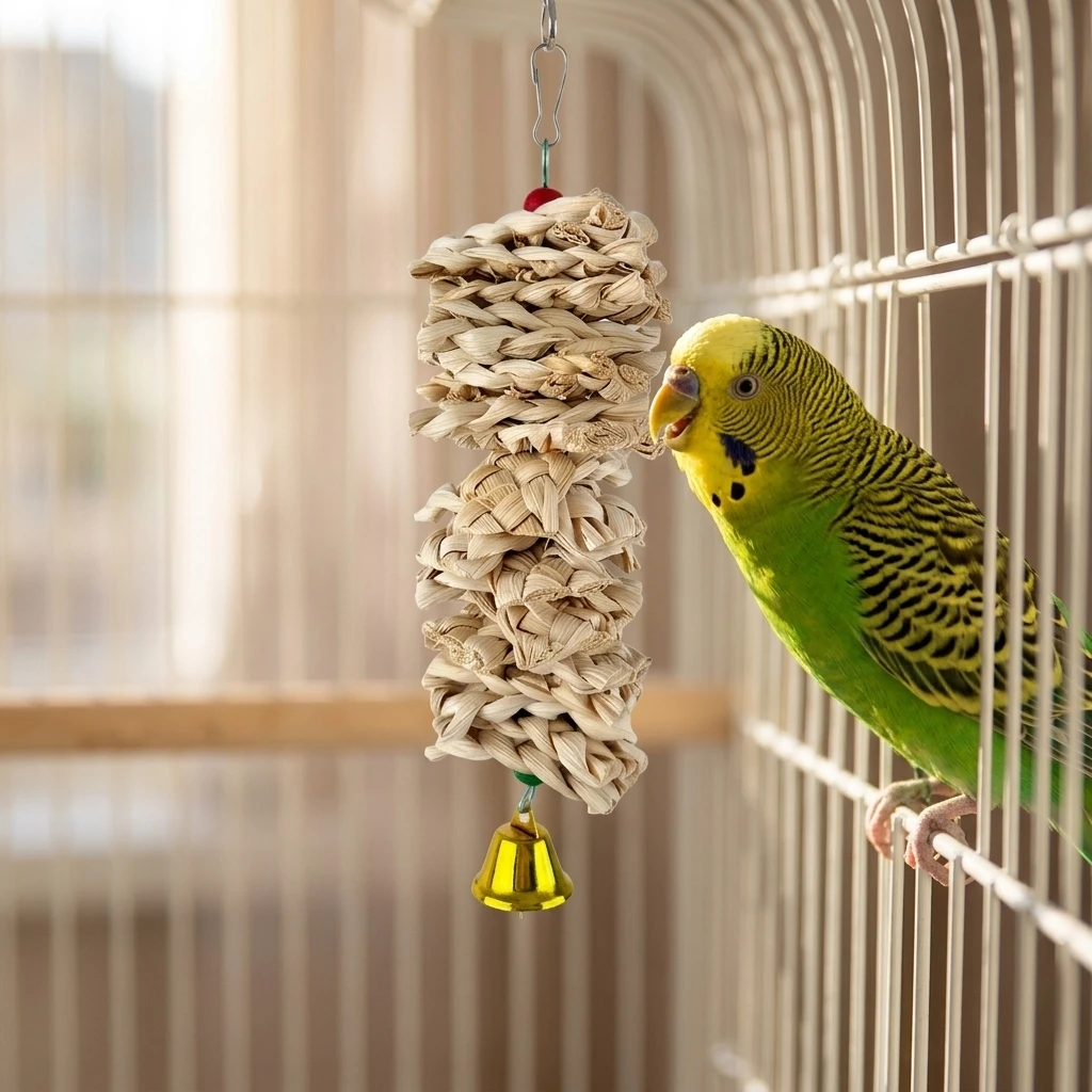 Natural Corn Husk Chew Toy for Bird Cage Budgies Lovebirds Cockatiels Woven Hanging Accessory Beak Care Enrichment Durable