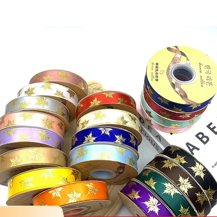 25mm Hologram Gold Foil Maple Leaf Satin Ribbon 50 Yards/Roll Autumn Thanksgiving Series for DIY Gift Wrapping Craft