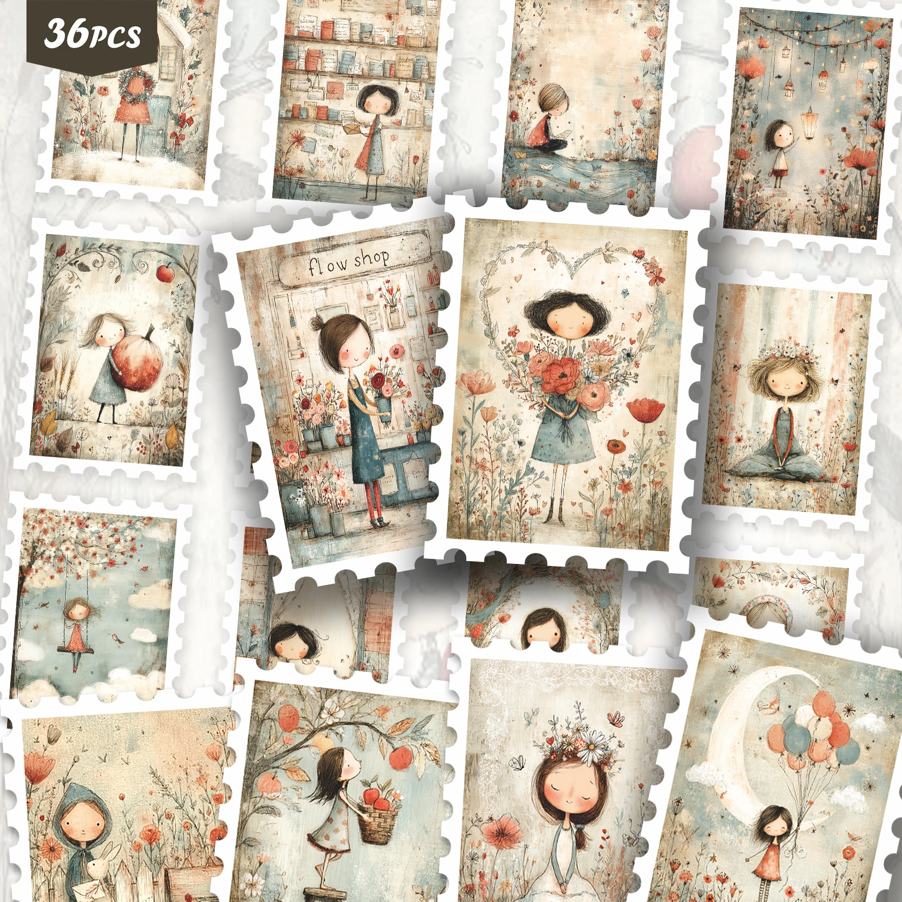 36PCS Retro Cartoon Stickers for laptops, Girl & Wildflower Patterns, Ideal for Journaling & Handmade Card Making