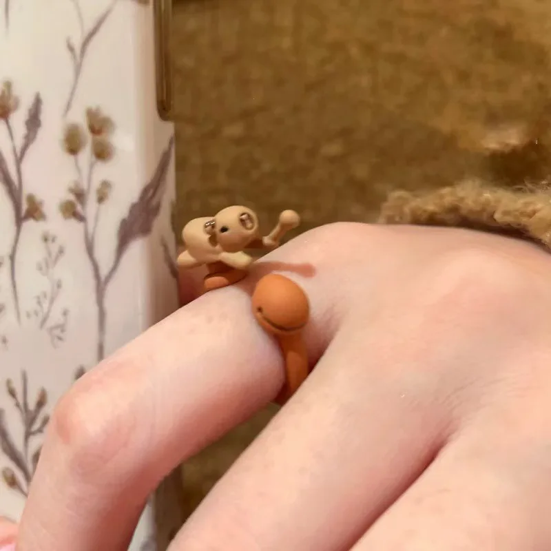 Korea Knock Knock To Save Merit Cute Puppy Wooden Fish Ring Creative Worker Personalized Handicraft adjustable Open Ring Gifts