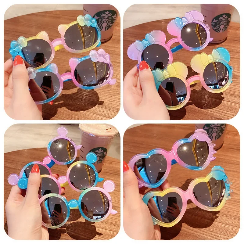 Disney Minnie okulary przeciwsłoneczne dla dzieci Mickey Mouse Cartoon figurki Anime księżniczka okulary UV łuk akcesoria prezenty dla dzieci