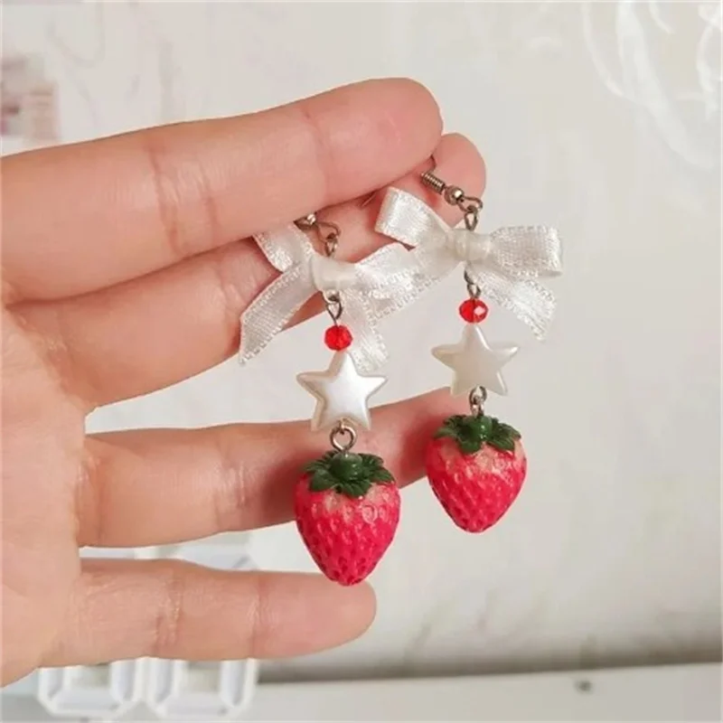 Korean Sweet Strawberry Drop Earrings for Women Elegant Bowknot Simulated Fruit Dangle Earring Party Anniversary Lover Gifts