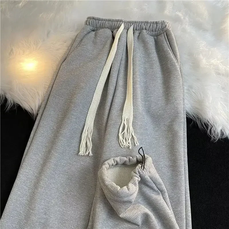 Winter Lamb Wool Casual Pants Women Casual Loose Drawstring Thick Sweatpants Bf Unisex Warm Straight Wide Leg Trousers 2024 NEW