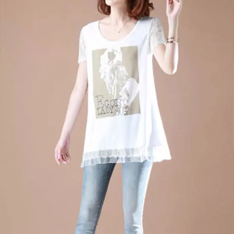 Casual Short Sleeve Elegant Lace Patchwork T-shirt Women\'s Clothing Fashion Printed Diamonds Summer Loose O-Neck Midi Pullovers