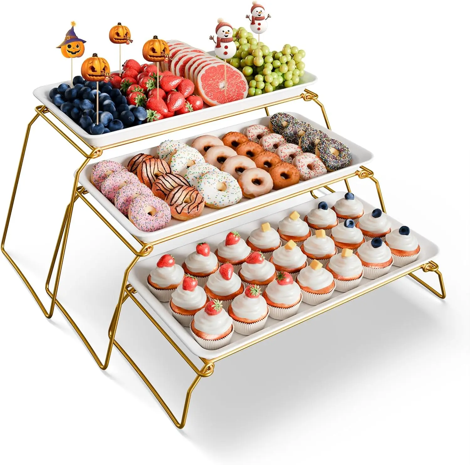 Juego de bandejas de melamina de 3 niveles, platos de 17 pulgadas, con capacidad para 63 cupcakes, para fiestas, con borde dorado